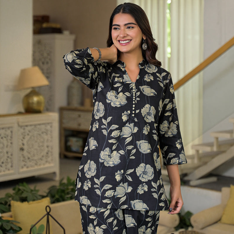 Black Floral Printed Cotton Co-ord Set