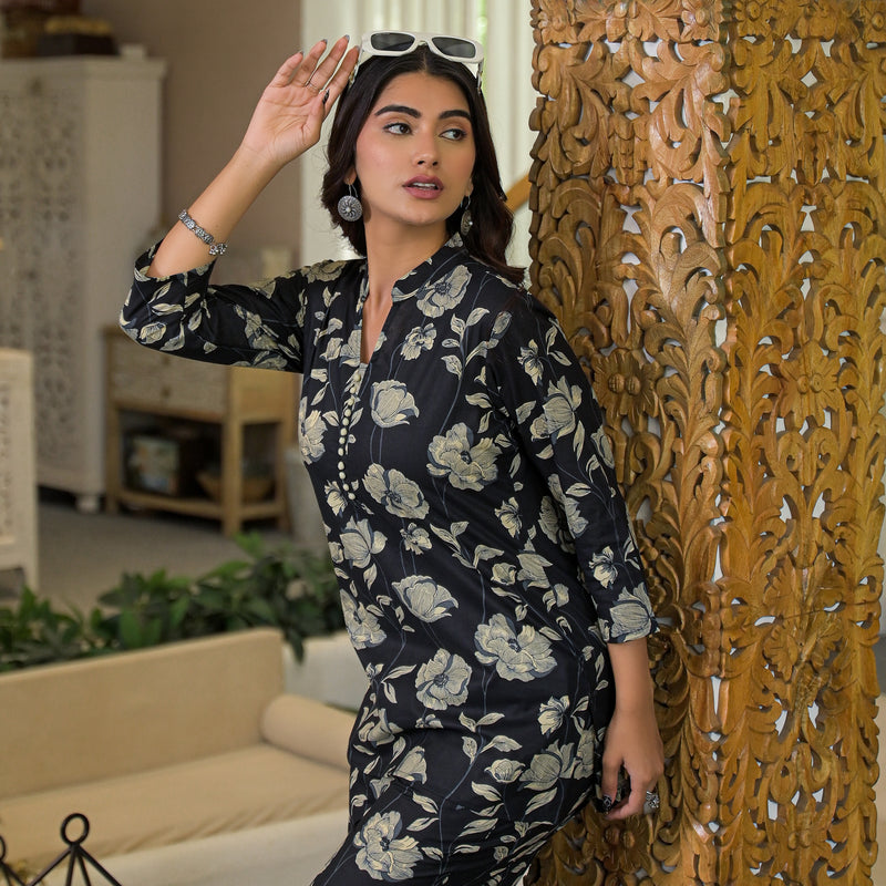 Black Floral Printed Cotton Co-ord Set