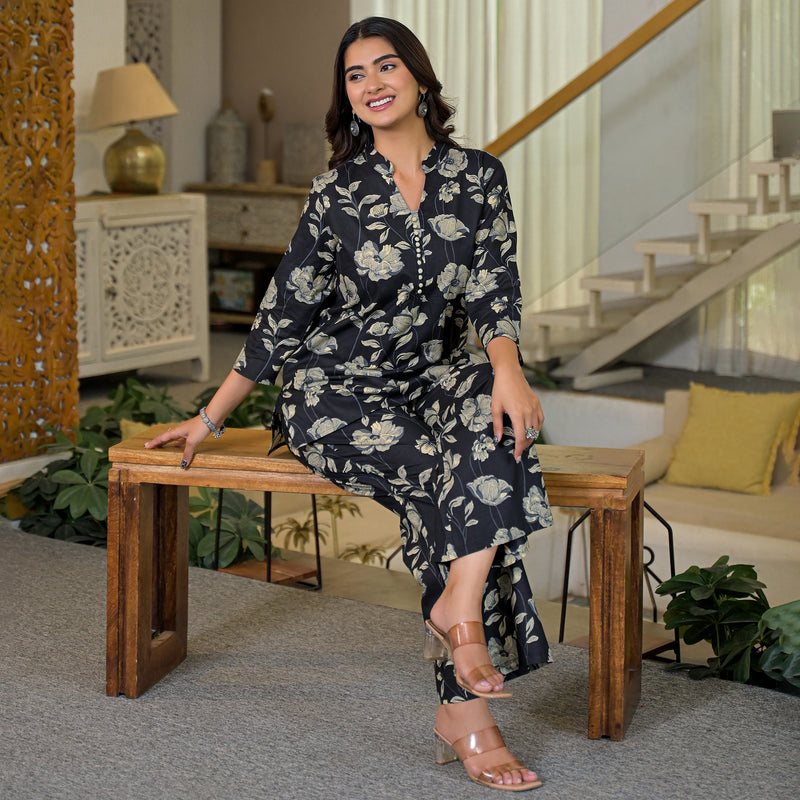 Black Floral Printed Cotton Co-ord Set