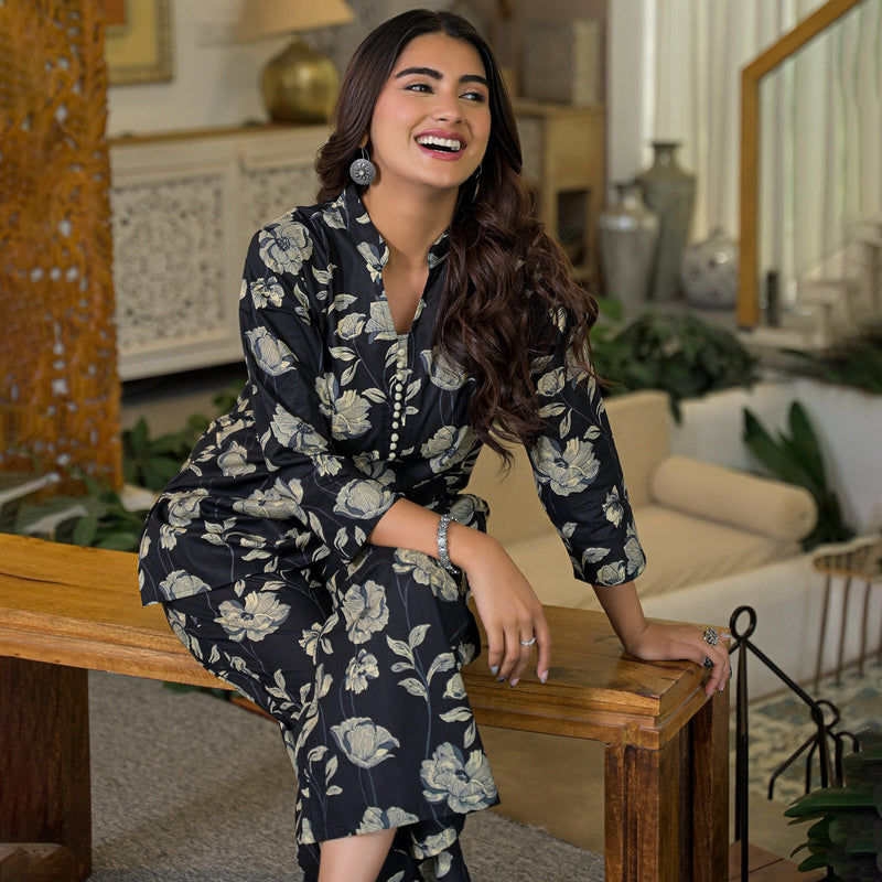 Black Floral Printed Cotton Co-ord Set