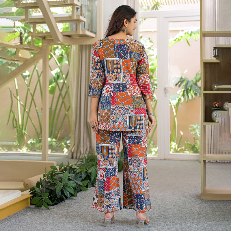 Multi-Color Patchwork Print Cotton Co-Ord Set