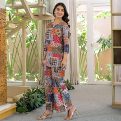 Multi-Color Patchwork Print Cotton Co-Ord Set