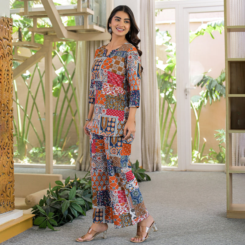 Multi-Color Patchwork Print Cotton Co-Ord Set
