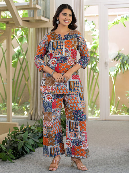 Multi-Color Patchwork Print Cotton Co-Ord Set