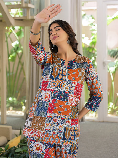 Multi-Color Patchwork Print Cotton Co-Ord Set