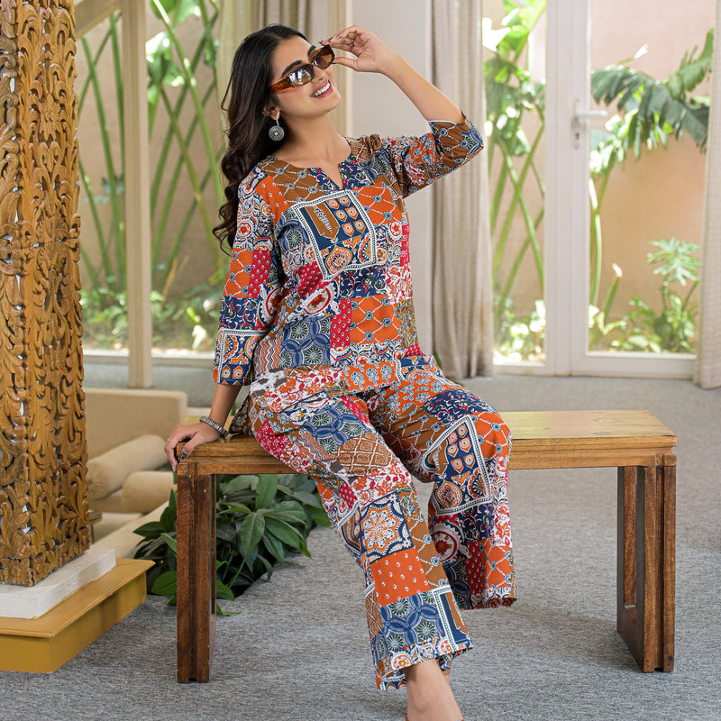 Multi-Color Patchwork Print Cotton Co-Ord Set