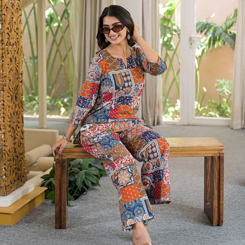 Multi-Color Patchwork Print Cotton Co-Ord Set