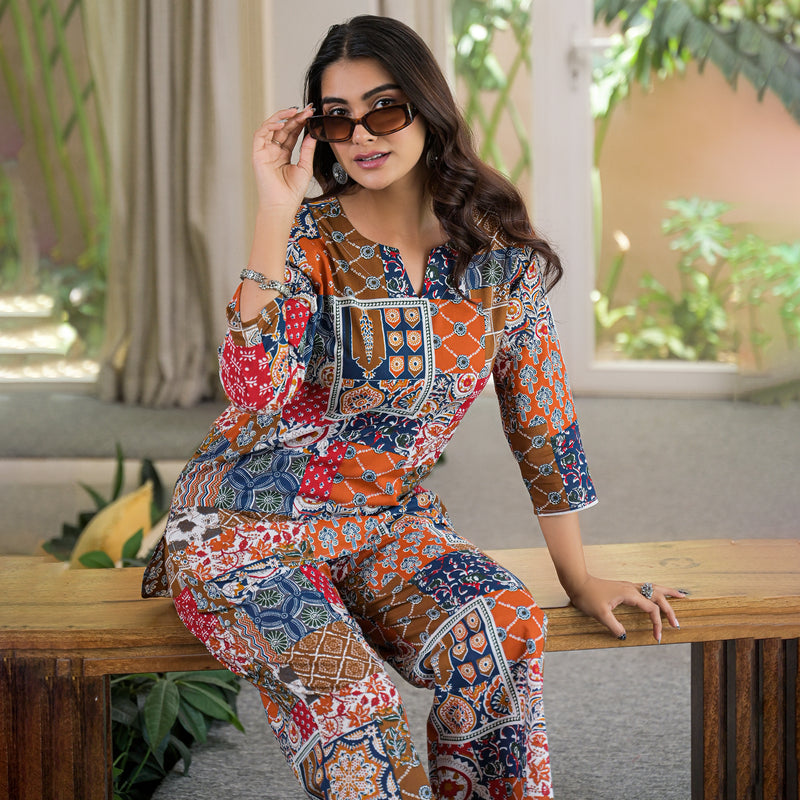 Multi-Color Patchwork Print Cotton Co-Ord Set