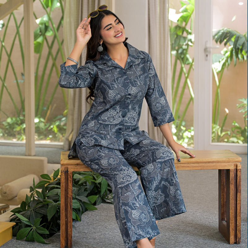 GrayFloral Printed Cotton Co-ord Set