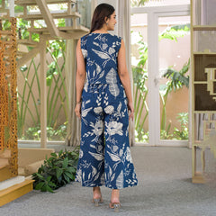 Blue Floral Print Sleeveless Crop Top and Palazzo Co-Ord Set