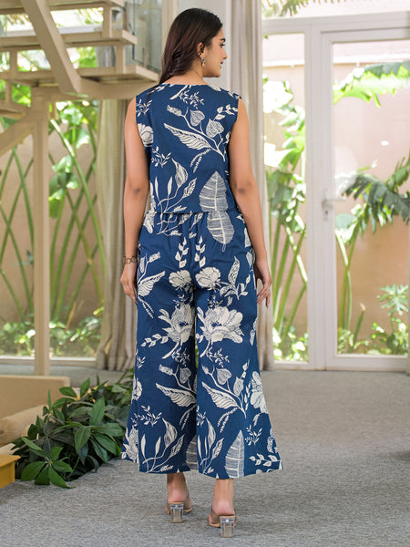Blue Floral Print Sleeveless Crop Top and Palazzo Co-Ord Set