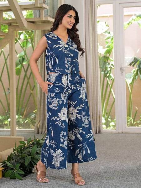 Blue Floral Print Sleeveless Crop Top and Palazzo Co-Ord Set