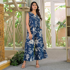 Blue Floral Print Sleeveless Crop Top and Palazzo Co-Ord Set