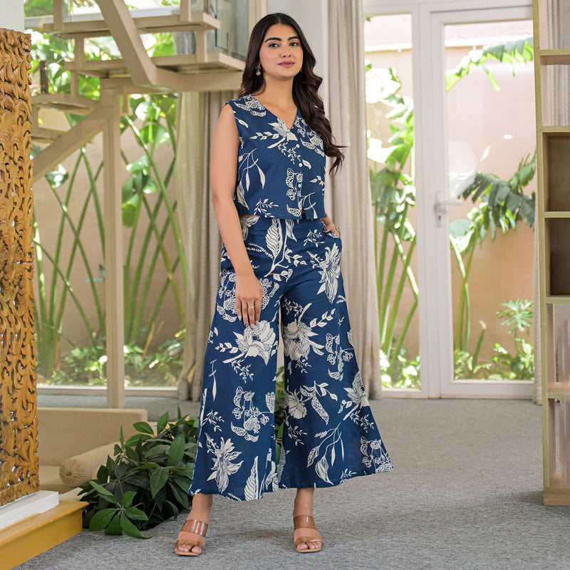 Blue Floral Print Sleeveless Crop Top and Palazzo Co-Ord Set