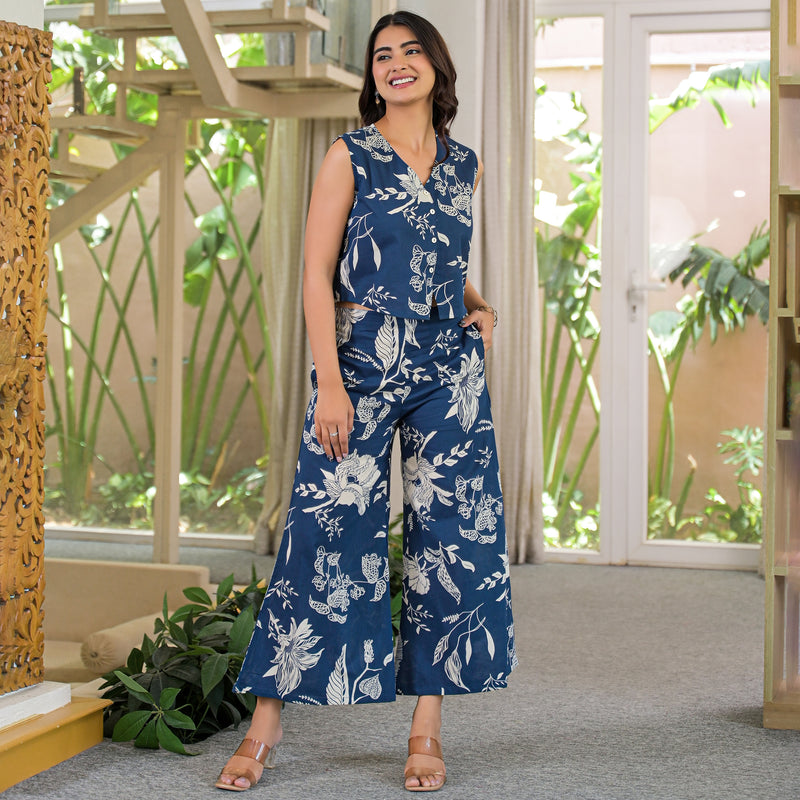 Blue Floral Print Sleeveless Crop Top and Palazzo Co-Ord Set