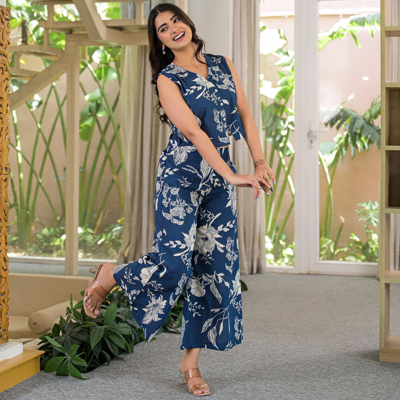 Blue Floral Print Sleeveless Crop Top and Palazzo Co-Ord Set