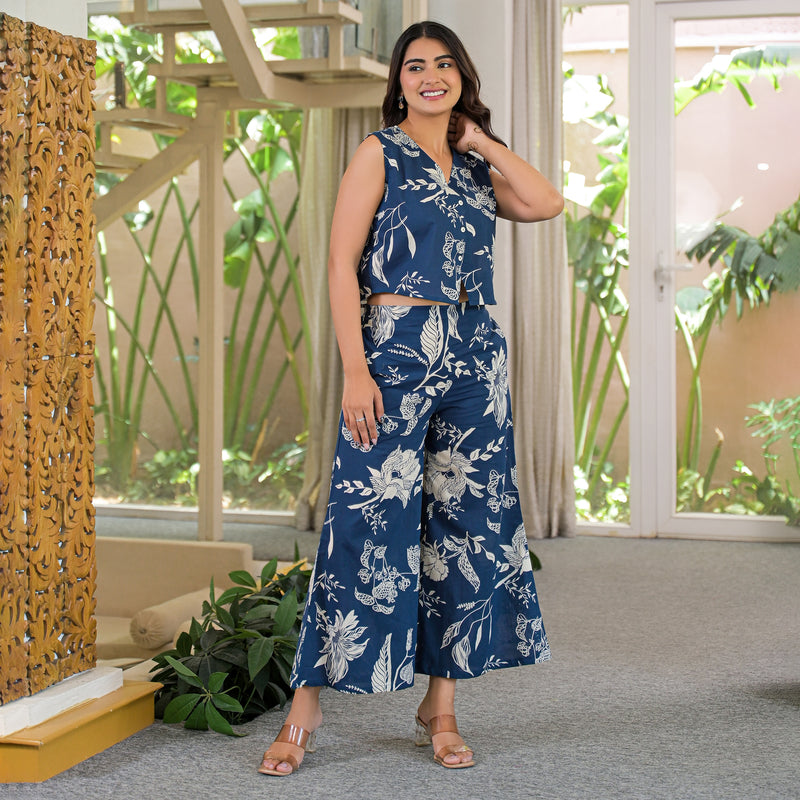 Blue Floral Print Sleeveless Crop Top and Palazzo Co-Ord Set