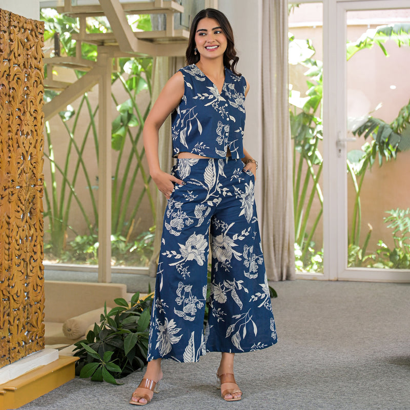 Blue Floral Print Sleeveless Crop Top and Palazzo Co-Ord Set