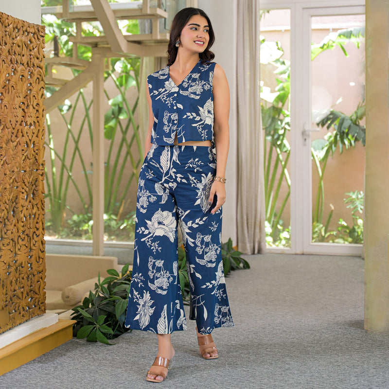 Blue Floral Print Sleeveless Crop Top and Palazzo Co-Ord Set