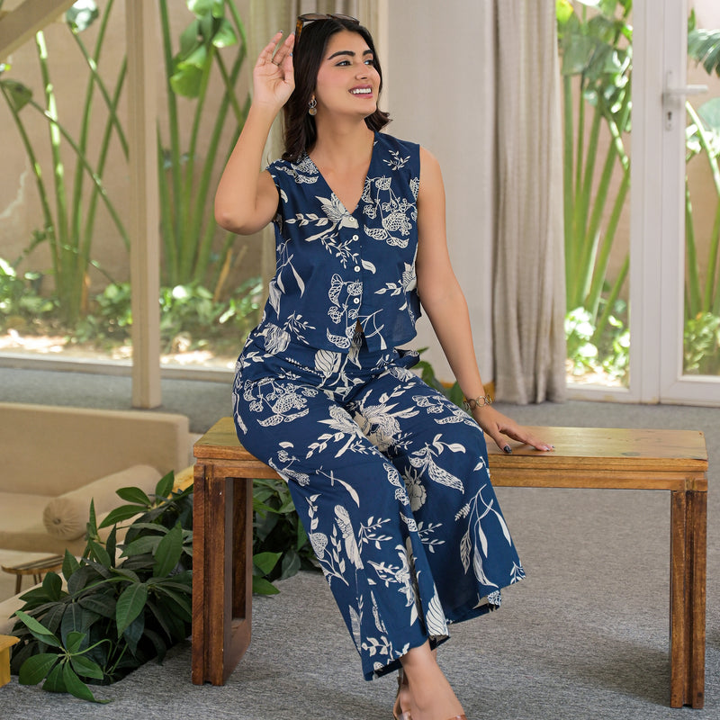 Blue Floral Print Sleeveless Crop Top and Palazzo Co-Ord Set