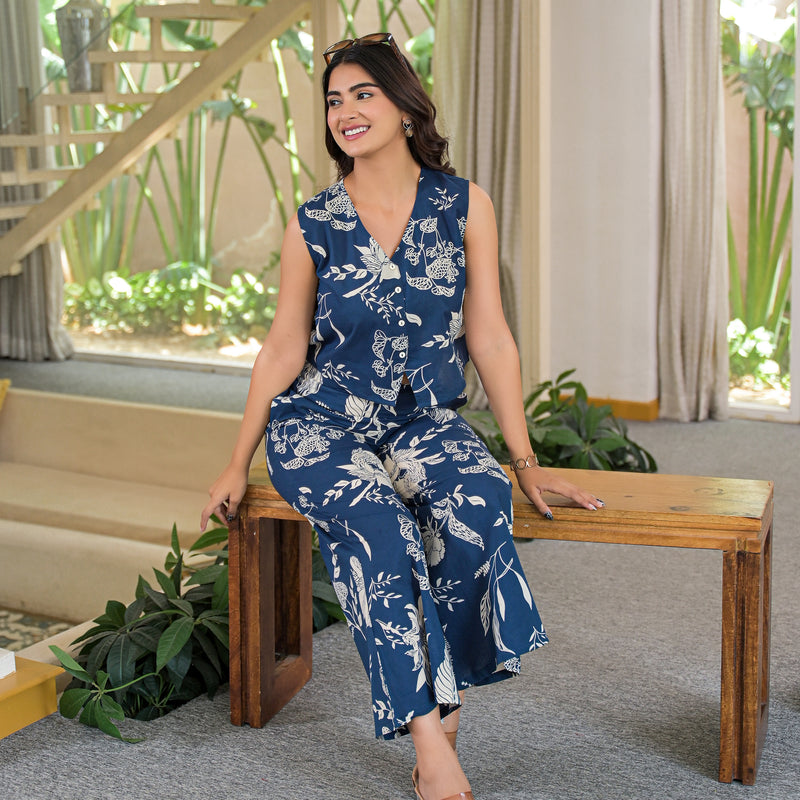Blue Floral Print Sleeveless Crop Top and Palazzo Co-Ord Set
