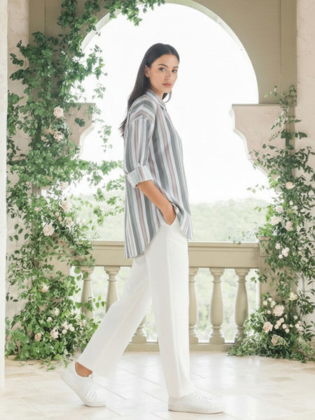 olive Stripe Printed High-Low Shirt Side