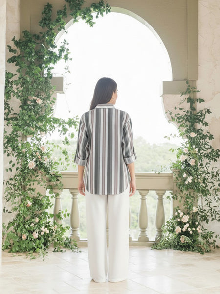 olive Stripe Printed High-Low Shirt Back