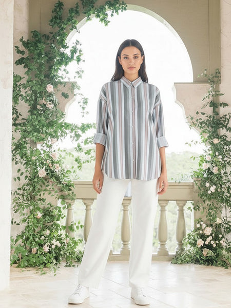 olive Stripe Printed High-Low Shirt Front