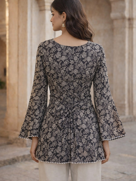 Coffee Brown Floral Printed Cotton Short Kurti Back