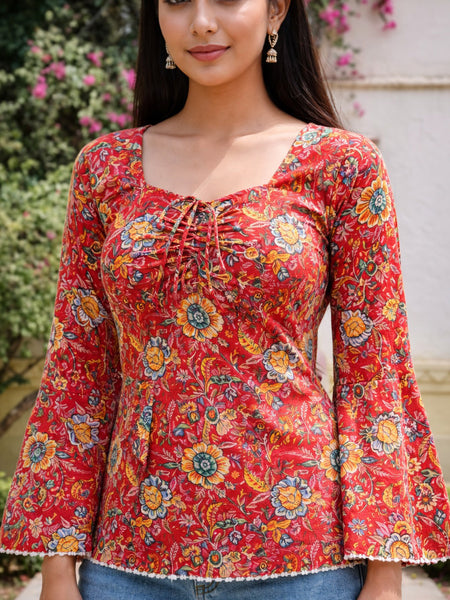 Red Floral Printed Cotton Short Kurti 