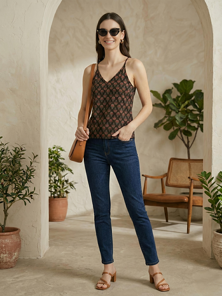 Floral Print Cotton Black Top