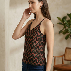 Floral Print Cotton Black Top