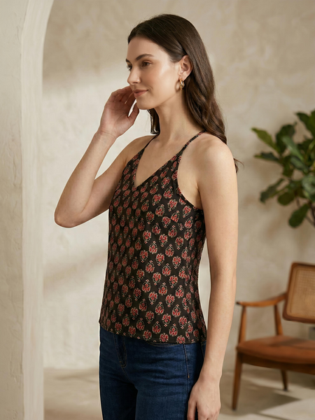 Floral Print Cotton Black Top