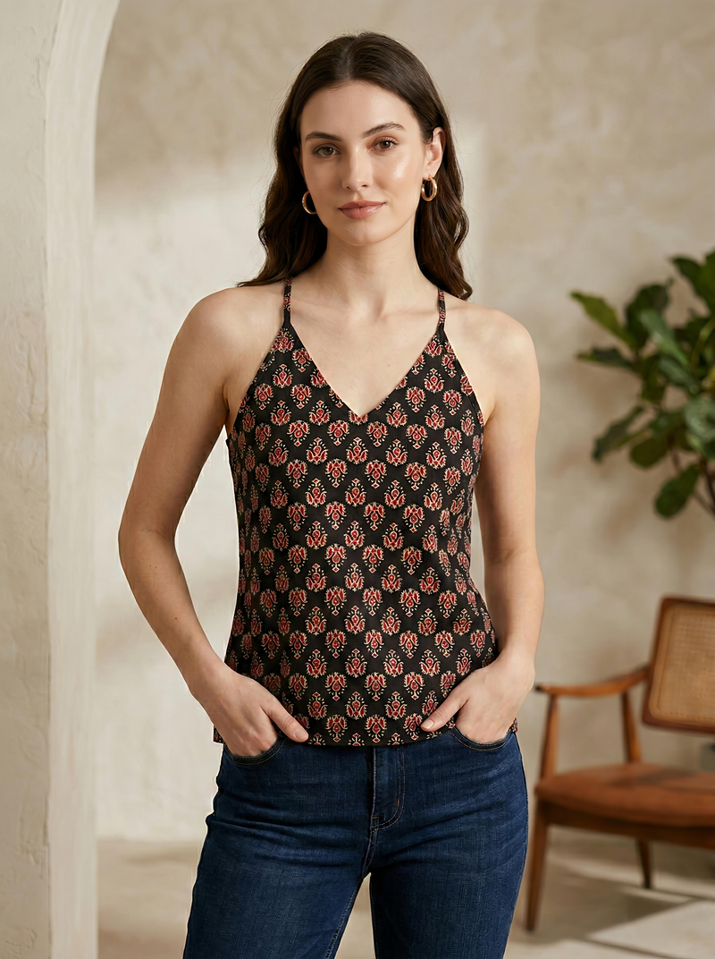 Floral Print Cotton Black Top