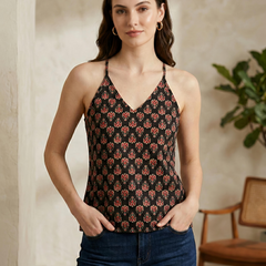 Floral Print Cotton Black Top