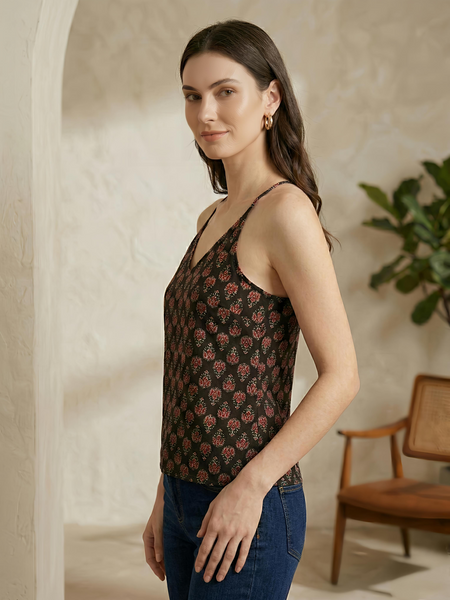 Floral Print Cotton Black Top