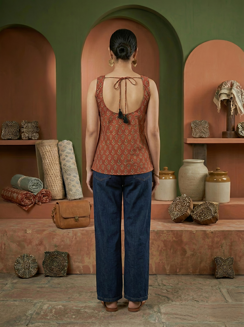 Floral Print Cotton Rust Brown Top