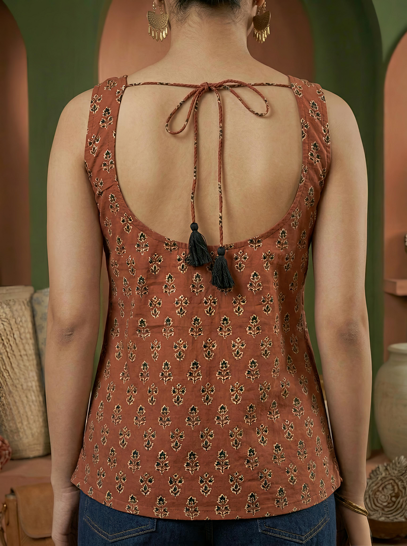 Floral Print Cotton Rust Brown Top