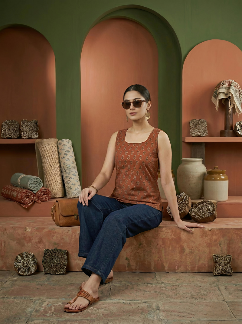 Floral Print Cotton Rust Brown Top