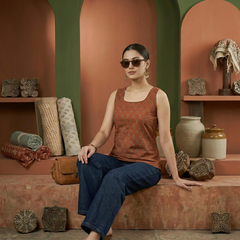 Floral Print Cotton Rust Brown Top