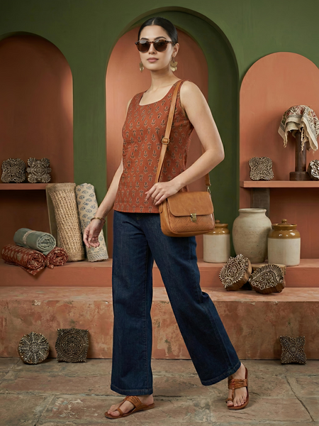 Floral Print Cotton Rust Brown Top