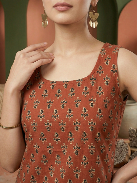 Floral Print Cotton Rust Brown Top