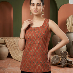 Floral Print Cotton Rust Brown Top