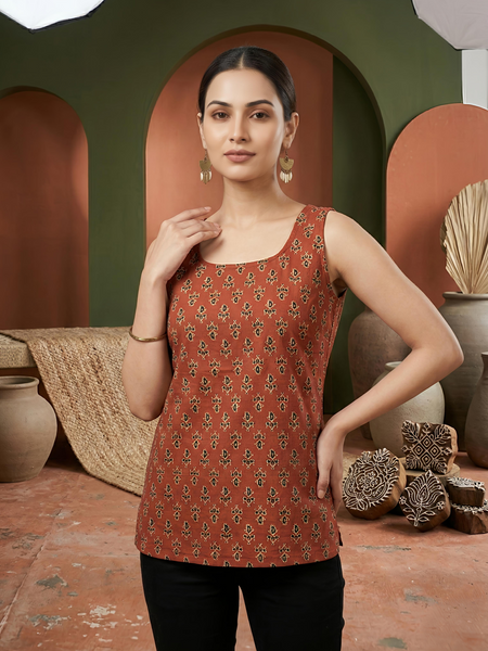 Floral Print Cotton Rust Brown Top