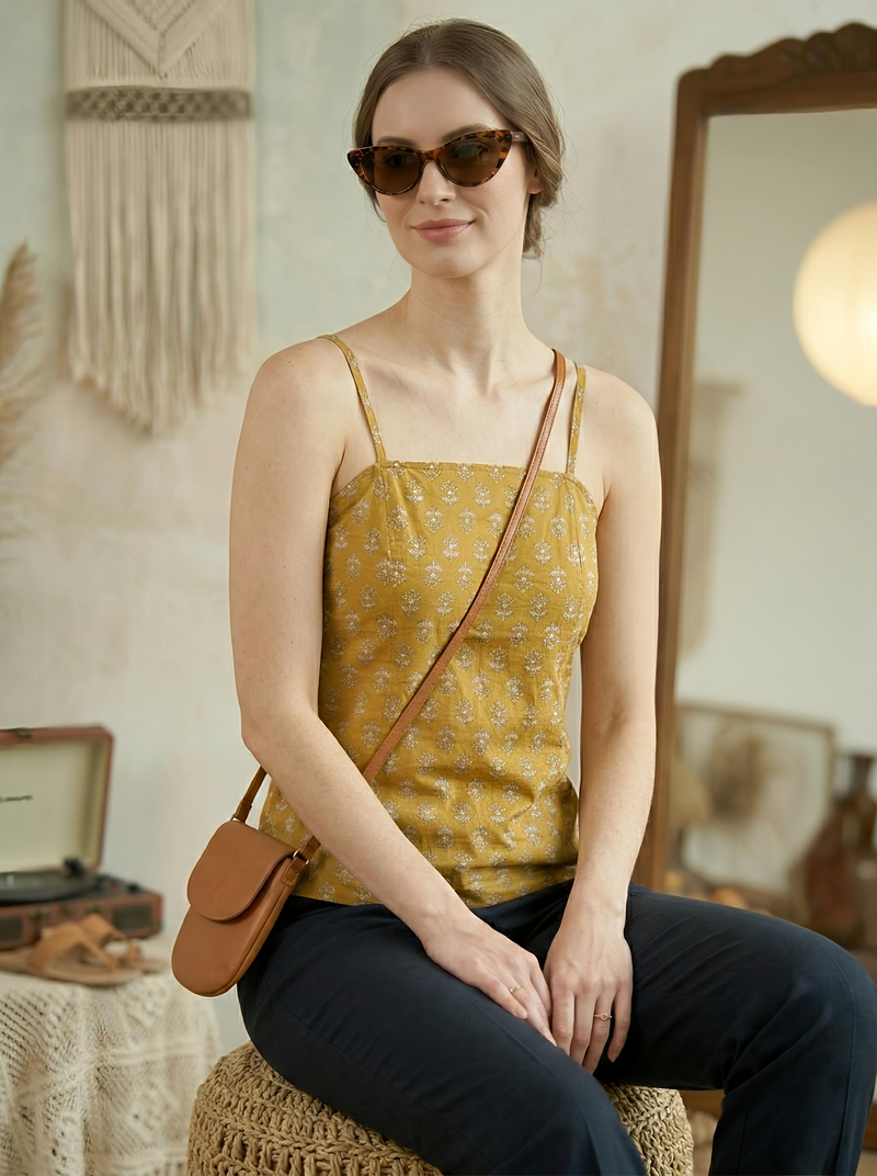 Floral Print Cotton Mustard Top