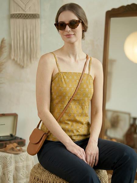 Floral Print Cotton Mustard Top