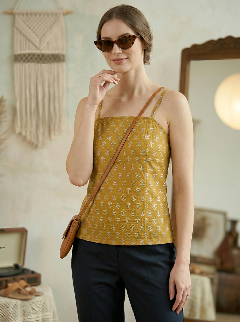 Floral Print Cotton Mustard Top