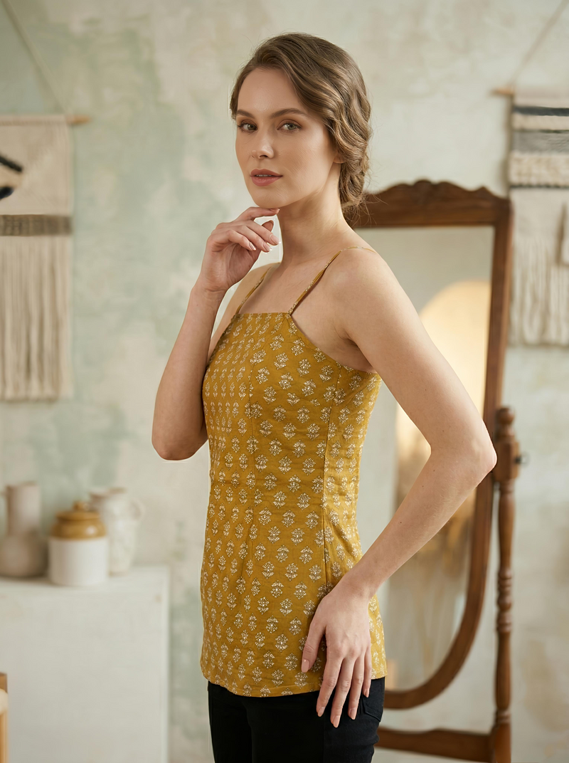 Floral Print Cotton Mustard Top