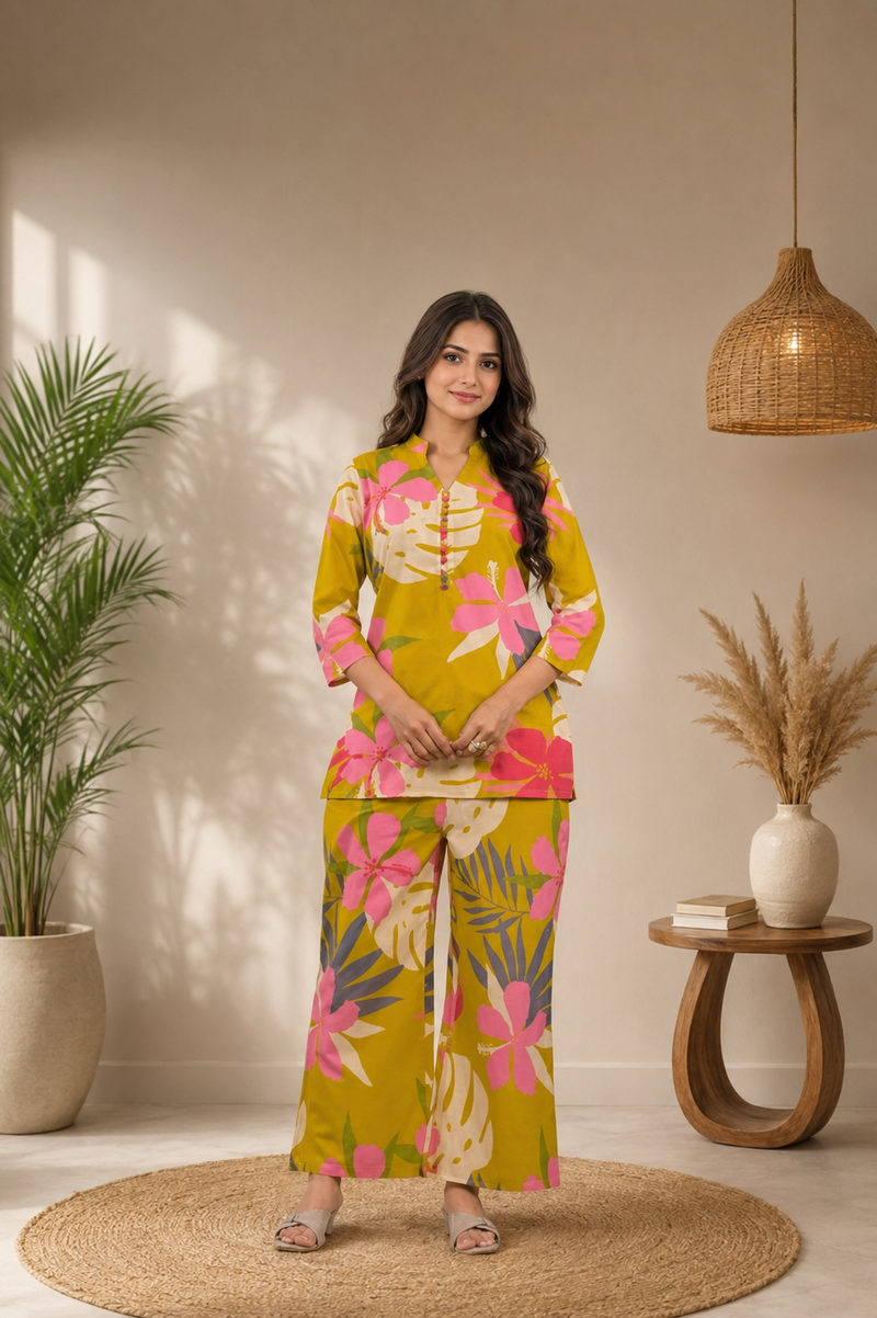 Yellow Cotton Printed Co-Ord Set for Woman
