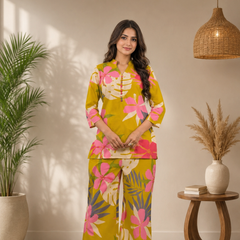 Yellow Cotton Printed Co-Ord Set for Woman